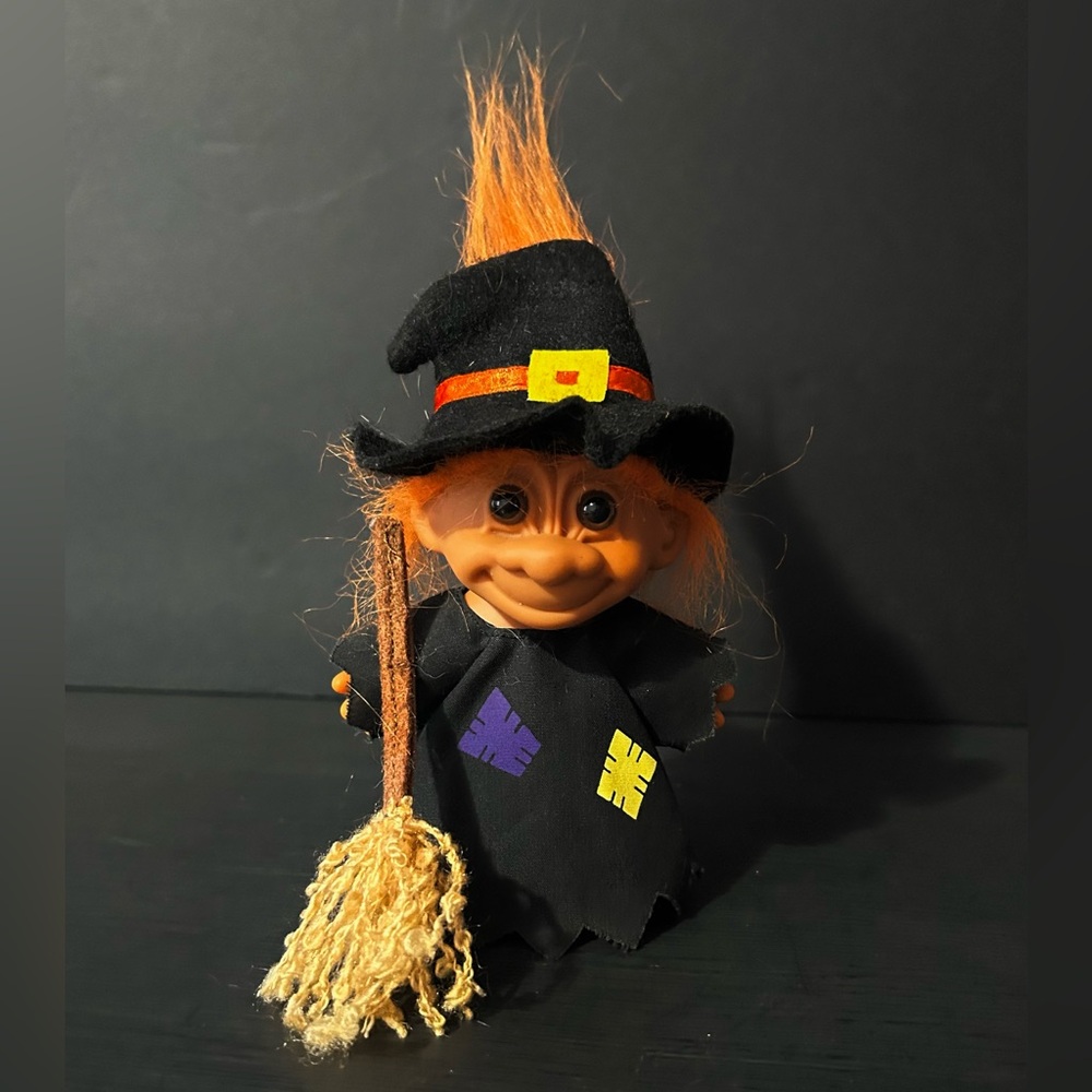VTG Russ Troll Doll 5” Halloween Witch • Orange Hair • Hat & Broom • 1990s Y2K